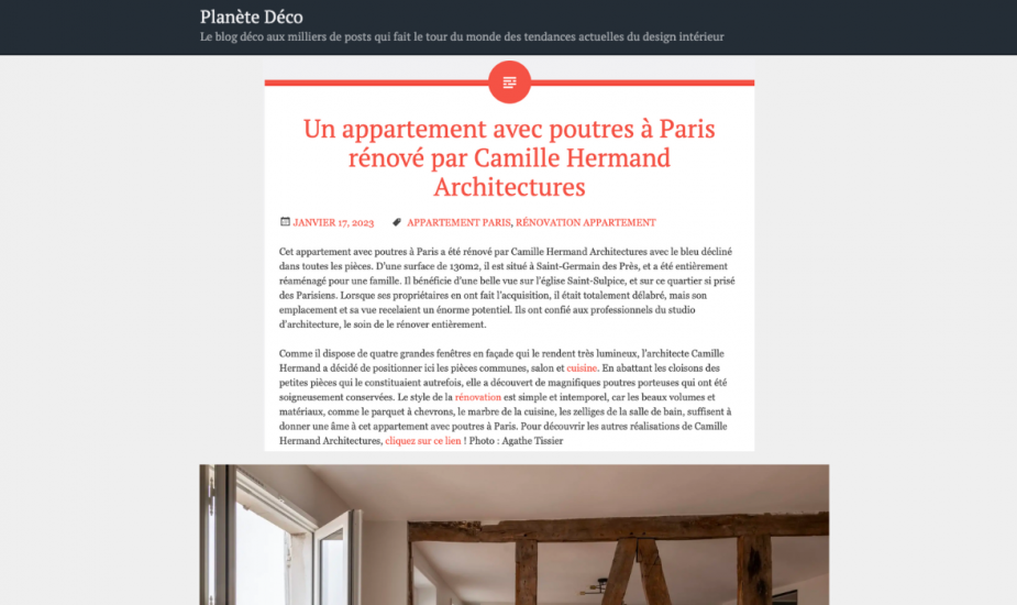 Planète Déco : Un appartement avec poutres à Paris rénové par Camille Hermand Architectures